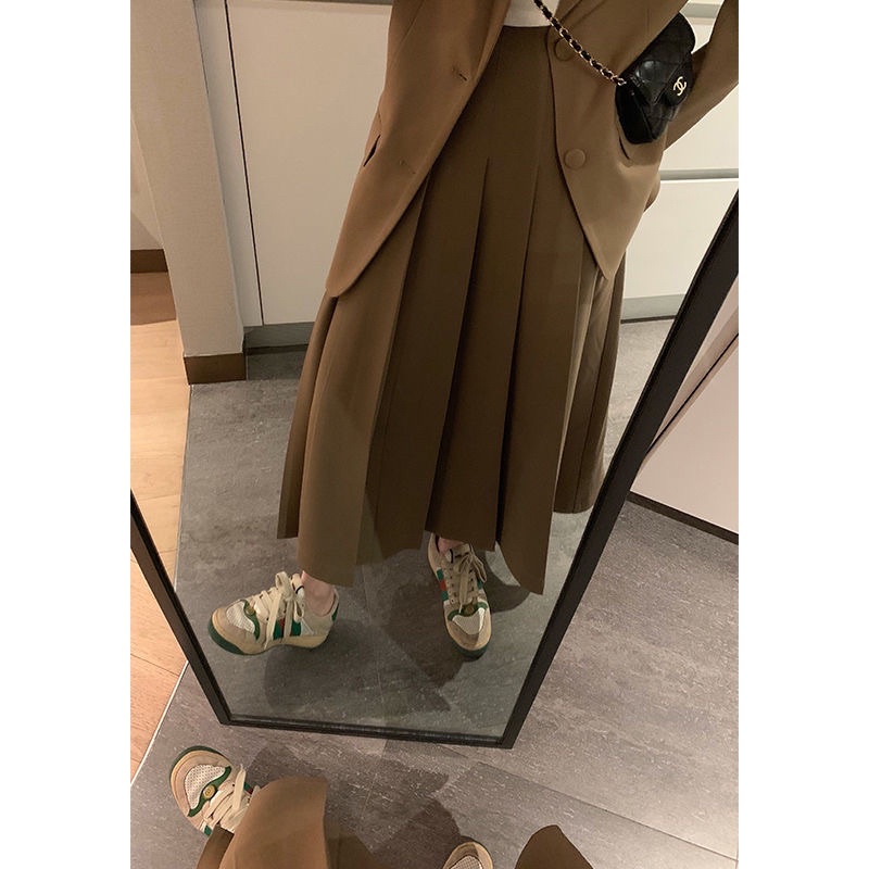 Set áo khoác blazer + chân váy dài xếp ly màu nâu tây ulzzang