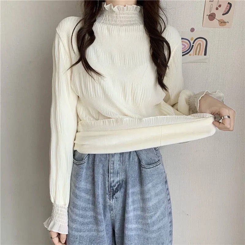 Áo sơ mi cổ cao lưới ren tay dài dáng rộng phong cách thu đông thời trang cho nữ