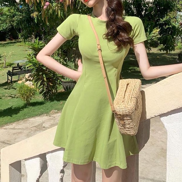 Đầm Tay Ngắn Dáng Ôm Màu Trơn Phong Cách Hàn Quốc Thời Trang Mùa Hè Mới Cho Nữ