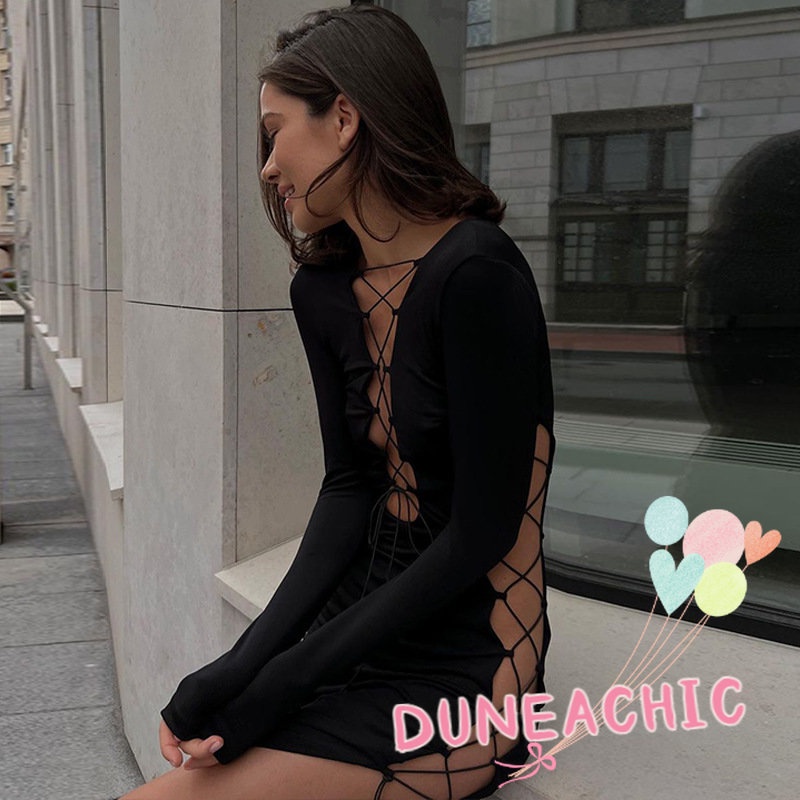 DUNEA Đầm Dài Tay Xẻ Tà Phối Dây Thắt Thời Trang Dành Cho Nữ