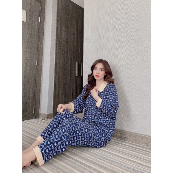 Đồ bộ pijama lụa cổ sen tay dài quần dài mặc nhà mát