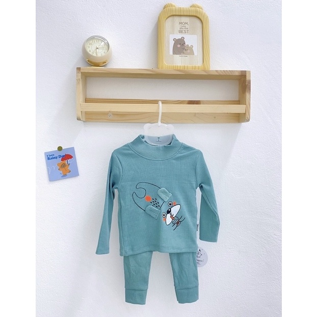 NT074 Đồ bộ dài tay thu đông Mimonri chất thun tăm dày dặn cổ cao 3 phân họa tiết tai thú cho bé
