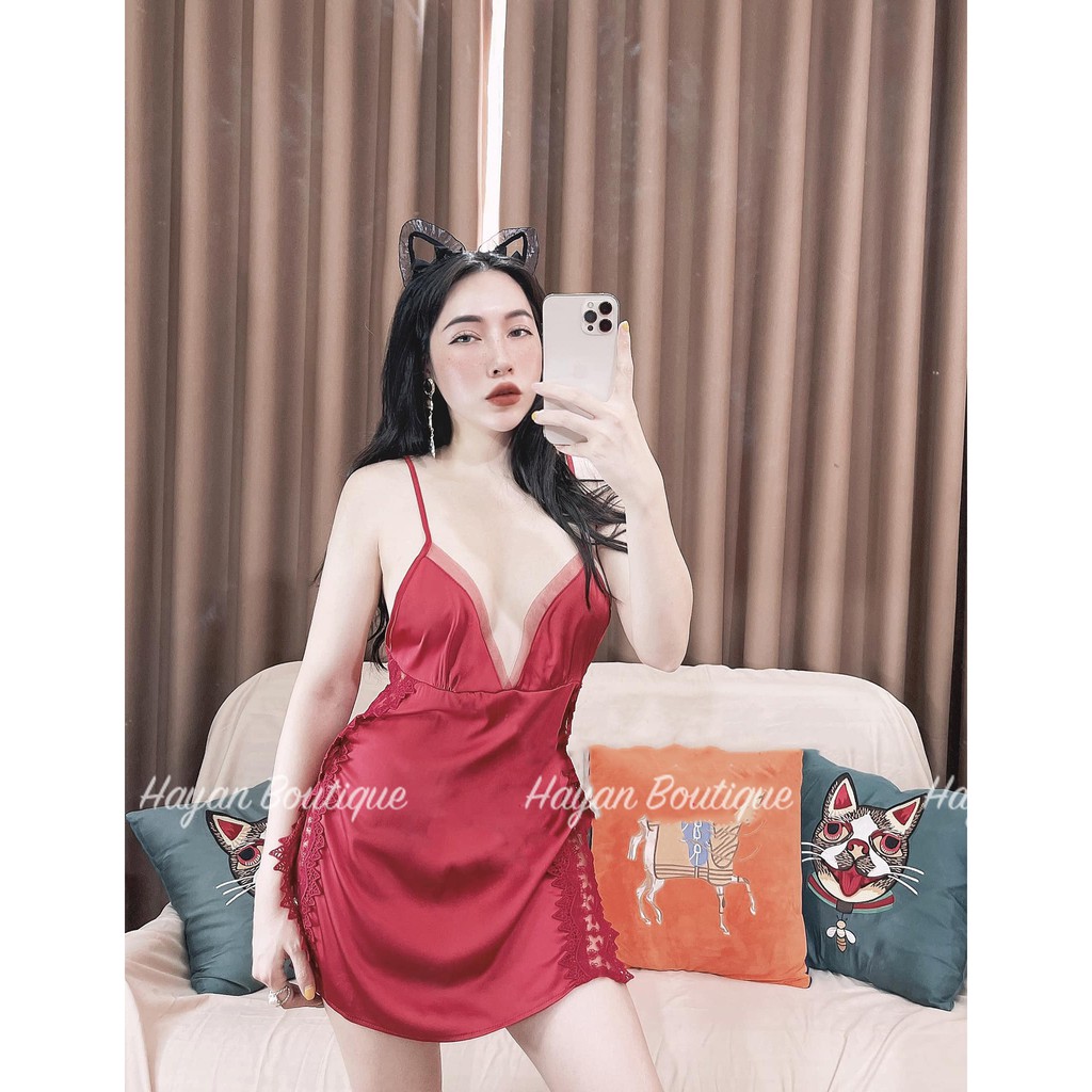 Váy ngủ sexy xẻ hông dây lưng đan chéo, đầm ngủ lụa quyến rũ QUẢNG CHÂU #HT24