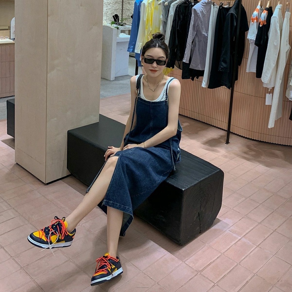 Đầm váy yếm dài hai dây xẻ tà phối dây rút phong cách trẻ trung tinh nghịch