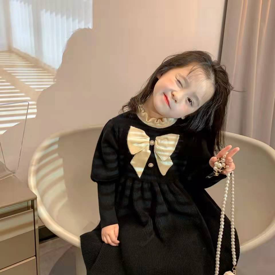 Cô Gái Màu Đỏ Năm Mới Giáng Sinh Váy Nơ Váy Len Dệt Kim Váy Công Chúa Trẻ Em Mùa Đông