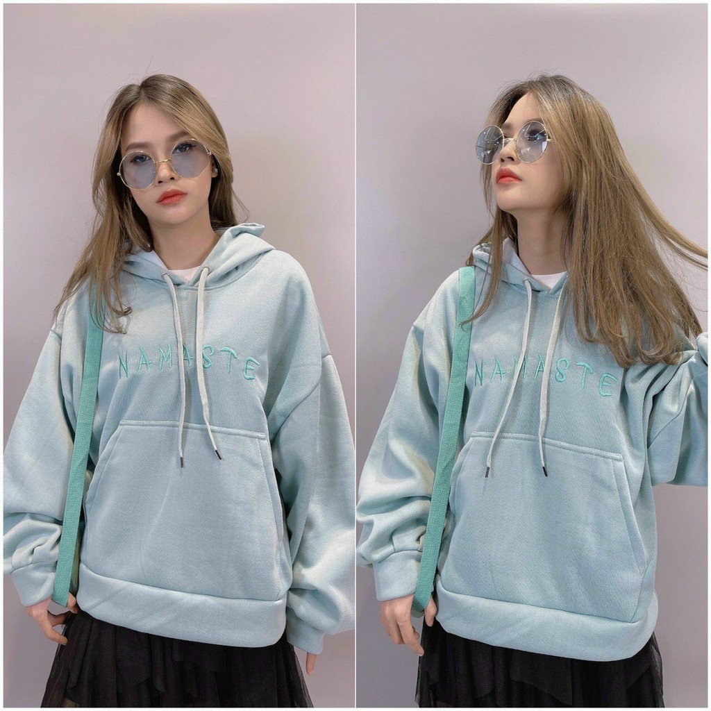 Áo Hoodie Unisex nỉ bông ngoại form dáng rộng tay phồng Nam Nữ mặc cặp cực xinh thêu NAMASTE sihienlinh