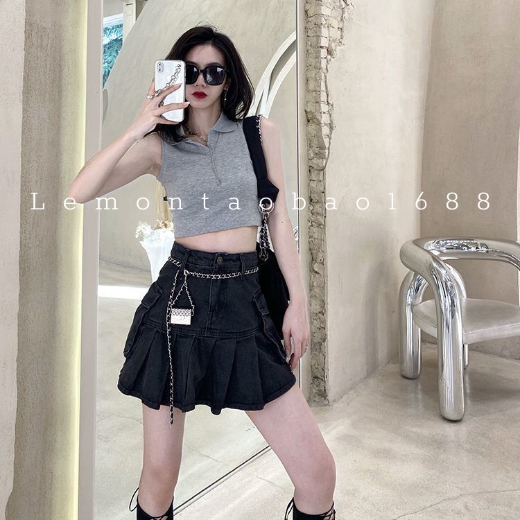 [ Sẵn ] Chân Váy jean chữ A, túi 2 bên xếp ly cá tính Lemontaobao | BigBuy360 - bigbuy360.vn