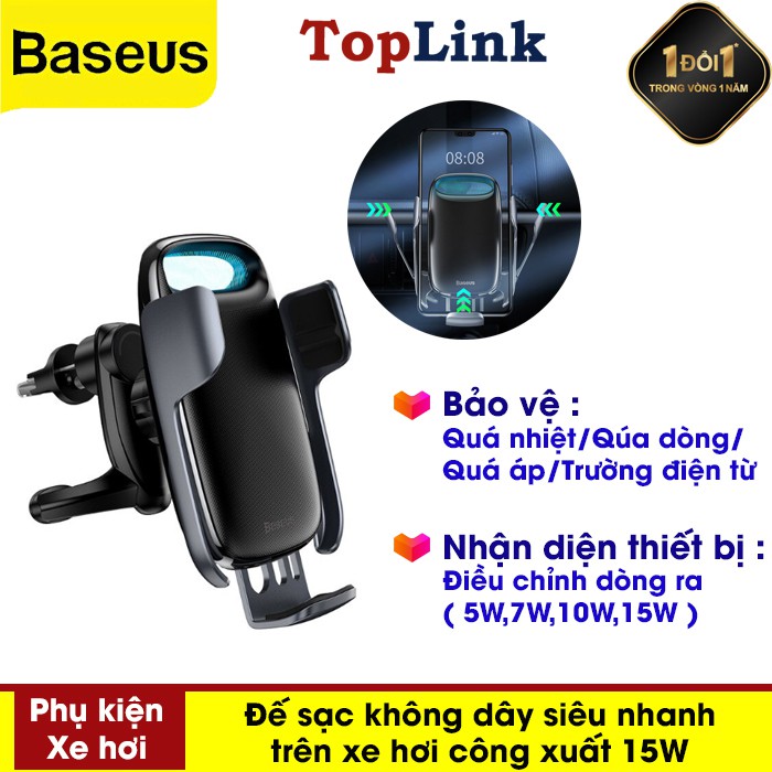 Đế Sạc Điện Thoại Không Dây Baseus 15W Qi QC 3.0 Gắn Bộ Điều Hòa Xe Ô tô Cho iPhone Samsung - TopLink