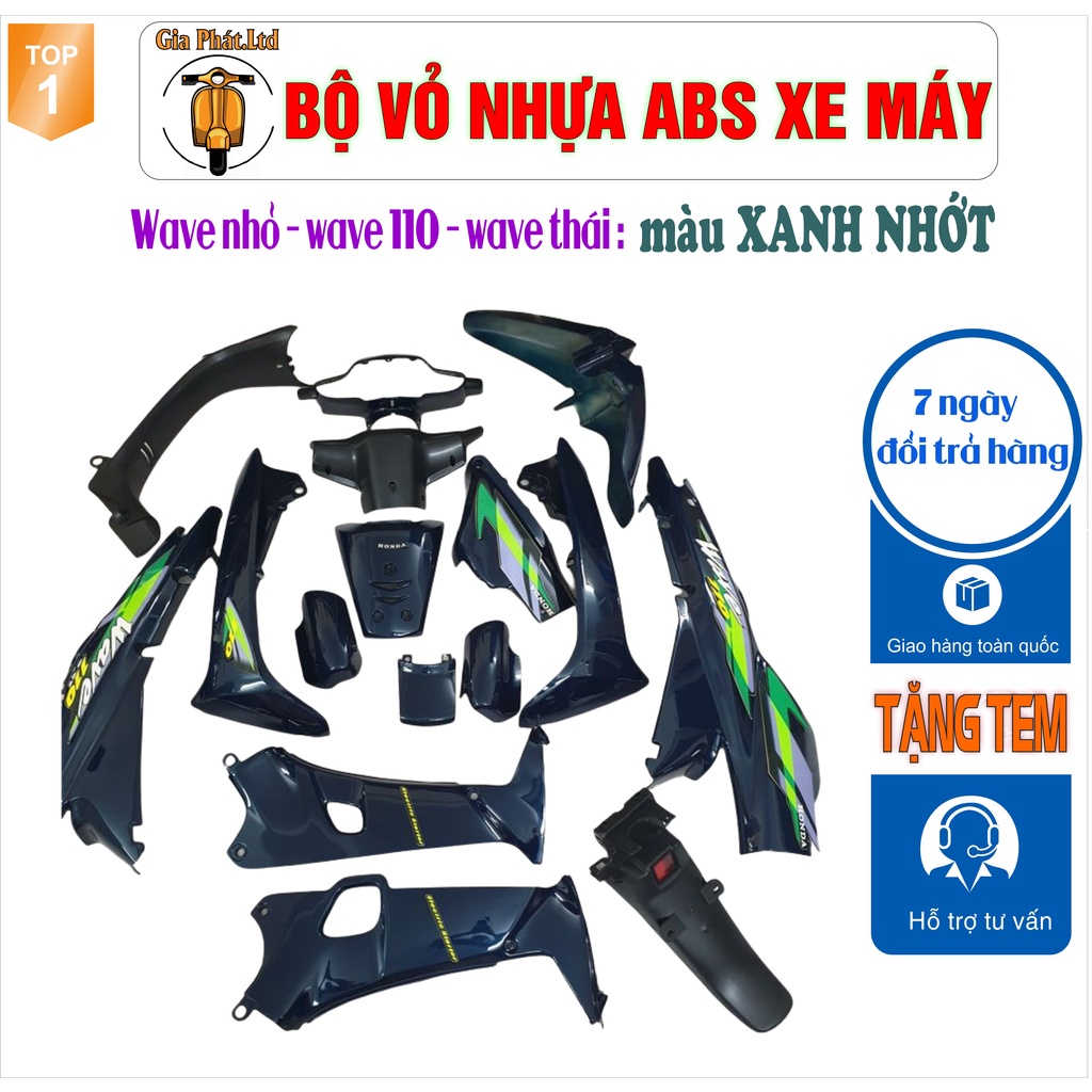 Bộ vỏ nhựa màu XANH NHỚT cho xe Wave 110 - Wave Thái - Wave Zx đời 1997 đến 2006_SPP-541(8027)