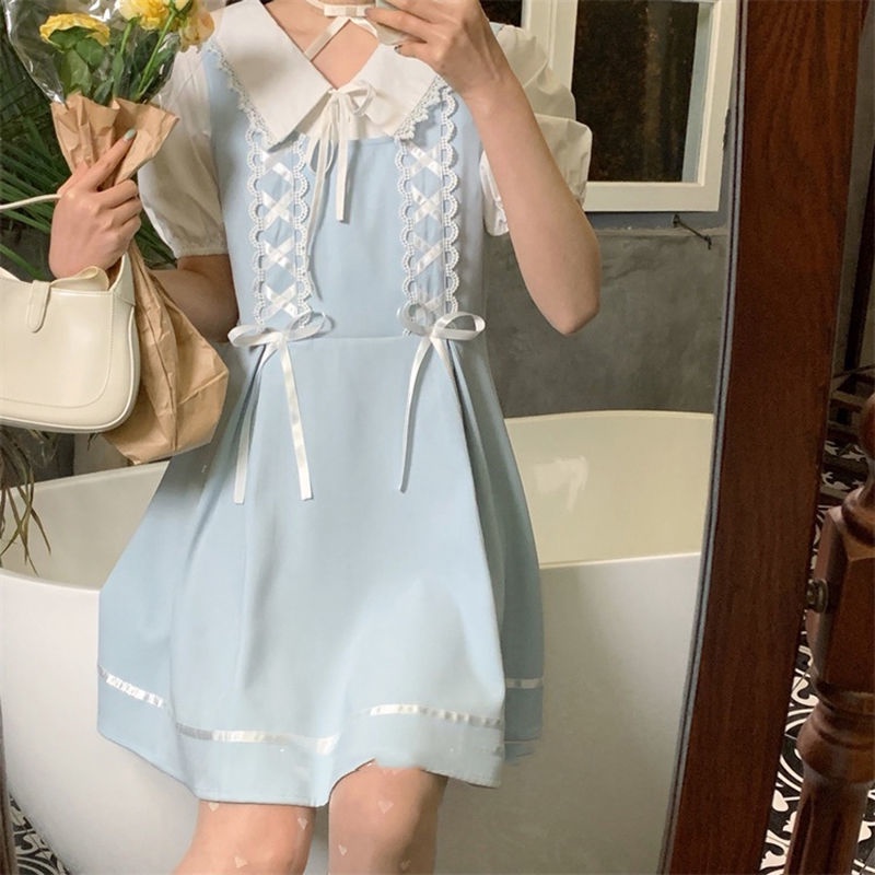 Blue ribbon summer vest skirt Japanese girl soft cute high waist bow belt female student student loli