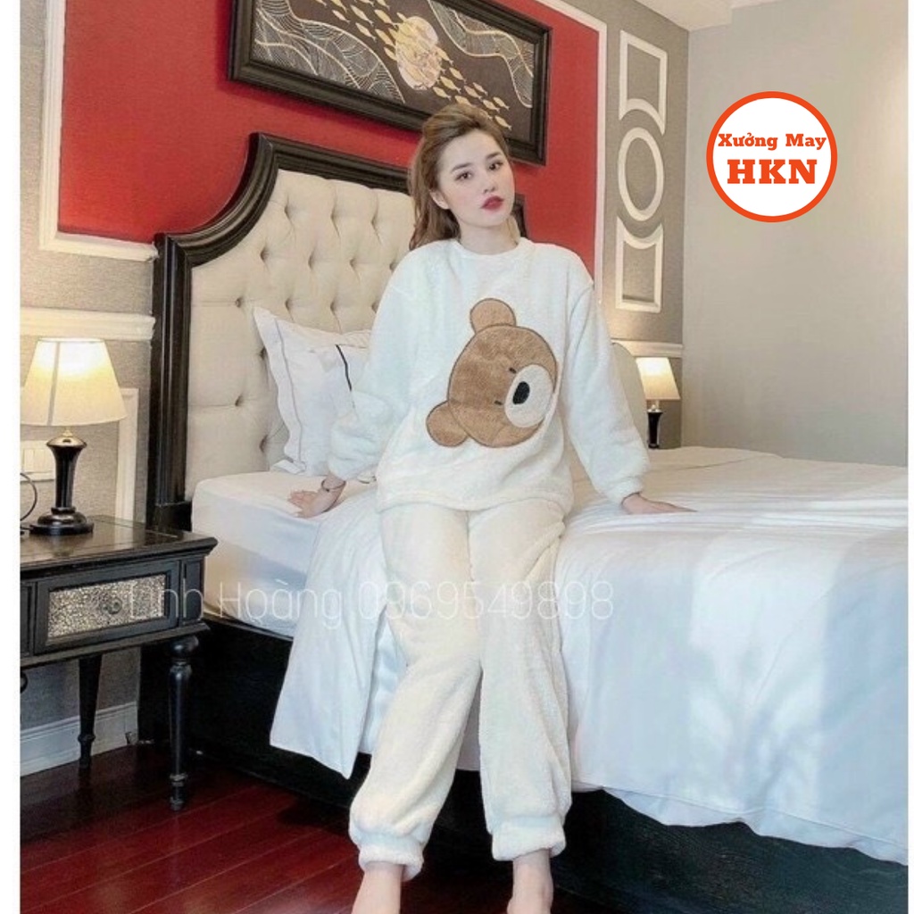 Bộ Quần Áo Ngủ Nữ, Đồ Ngủ Pijama Chất Lông Hình Gấu Mặc Mùa Đông Ấm Áp Có 3 Màu Lựa Chọn Xưởng May HKN