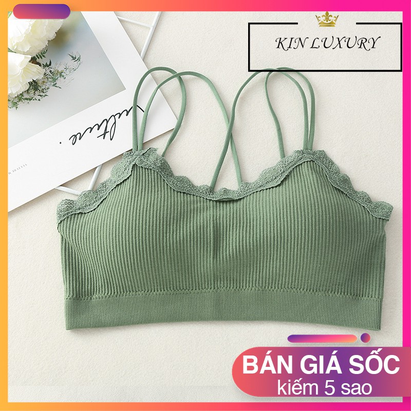 Áo bra nữ gân tăm phối ren hoa dây lưng đan chéo vải Cotton thoáng mát | BigBuy360 - bigbuy360.vn