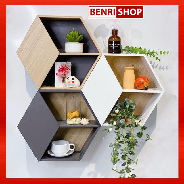 Kệ gỗ trang trí treo tường hình lục giác đa năng BENRI SHOP KLG