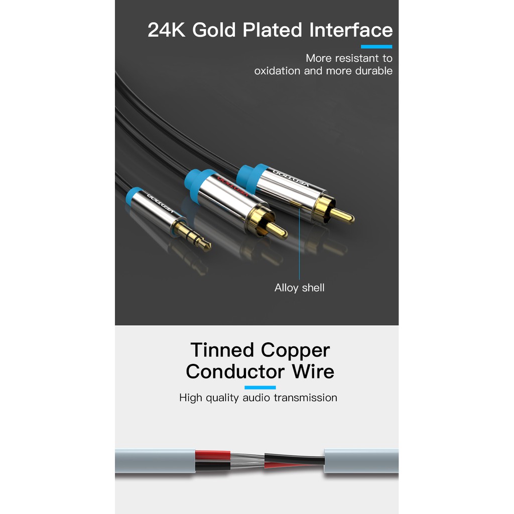 Dây cáp âm thanh vention RCA 3.5mm giắc cắm 3.5mm ra 2 đầu RCA 1m