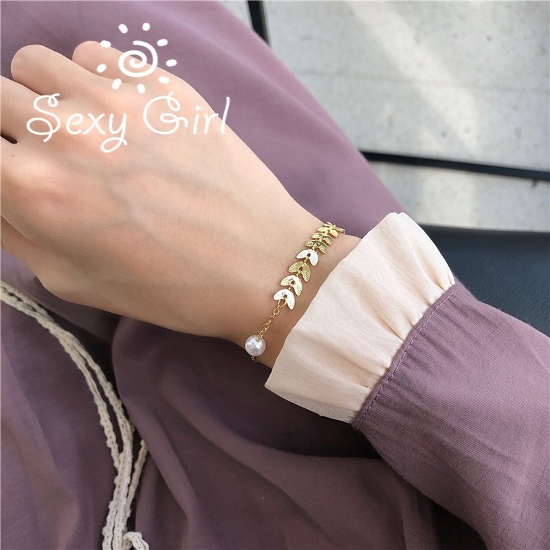 Vòng Đeo Tay Chuỗi Hạt Ngọc Trai Hình Chiếc Lá Thời Trang Cho Nữ