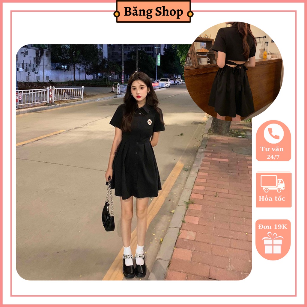 Váy logo khoét eo thắt nơ lưng xinh xắn, đầm xoè thắt nơ eo