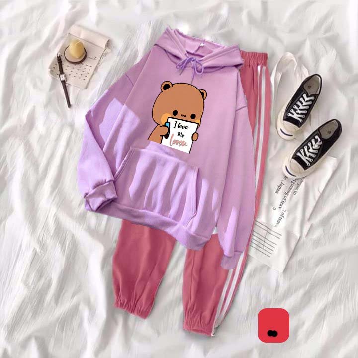 Áo hoodie nam nữ gấu cầm bảng chất nỉ bông siêu dày , phom rộng size từ 37 đến 65kg kèm quần 2 sọc bo hồng