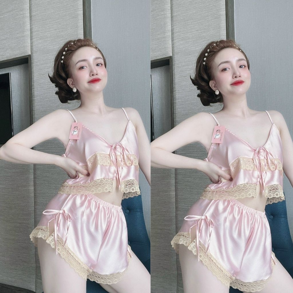 Đồ Ngủ Sexy, Đồ Ngủ Nữ Lụa Satin Cao Cấp Mềm mại xinh xắn &lt;60KG