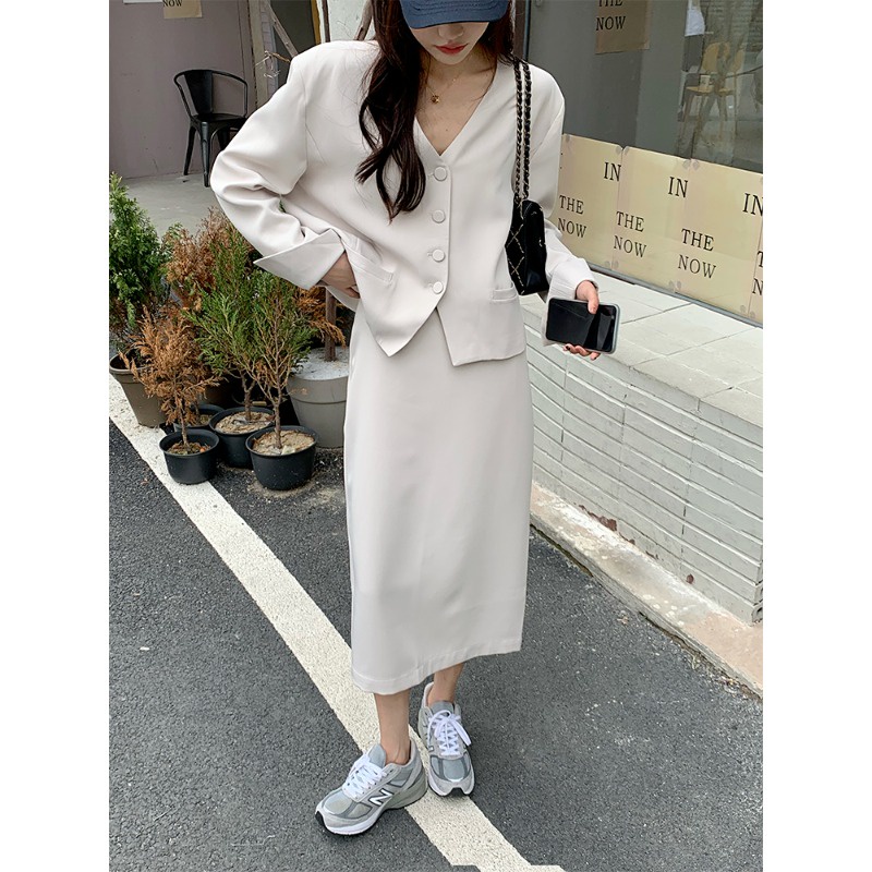 Set Áo Khoác Cổ Chữ V Kèm Chân Váy Phong Cách Hàn Quốc