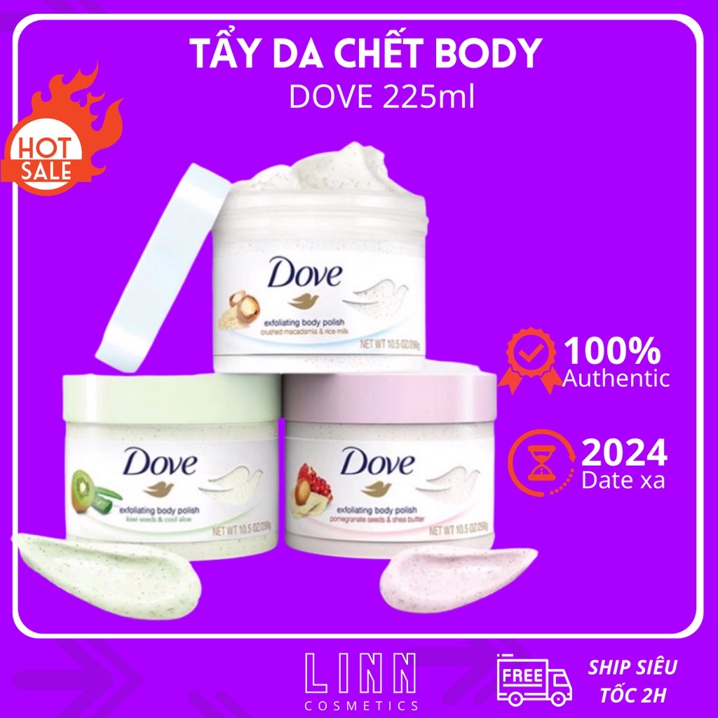Kem tẩy da chết body Dove giúp tẩy tế bào chết chăm sóc da chiết xuất bơ hạt mỡ và hạt lựu 225ml | BigBuy360 - bigbuy360.vn