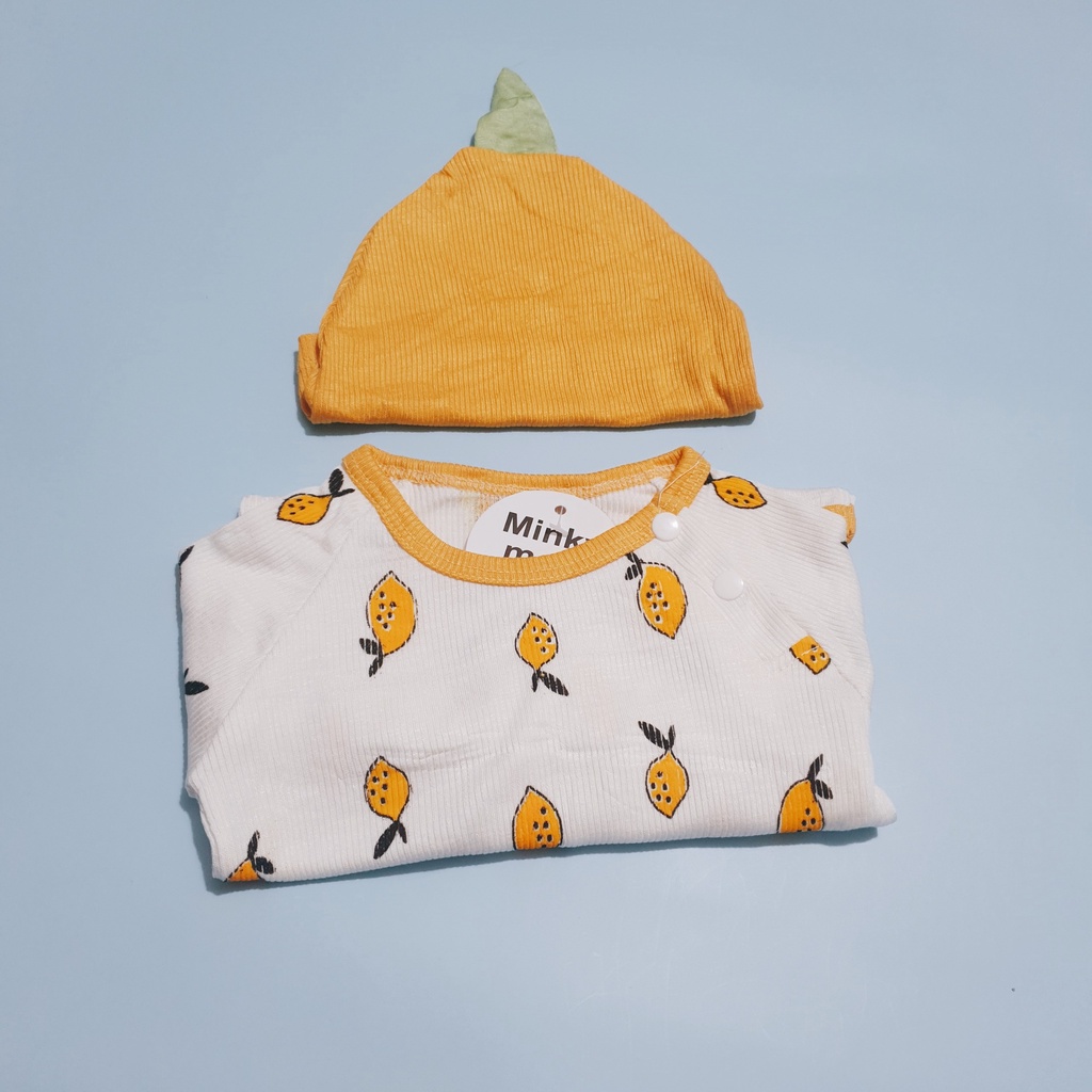[CHANH] Set body chip tay dài tặng kèm mũ cực xinh in hình chanh vàng chất vải tăm lạnh mềm mát cho bé sơ sinh (4-8kg)