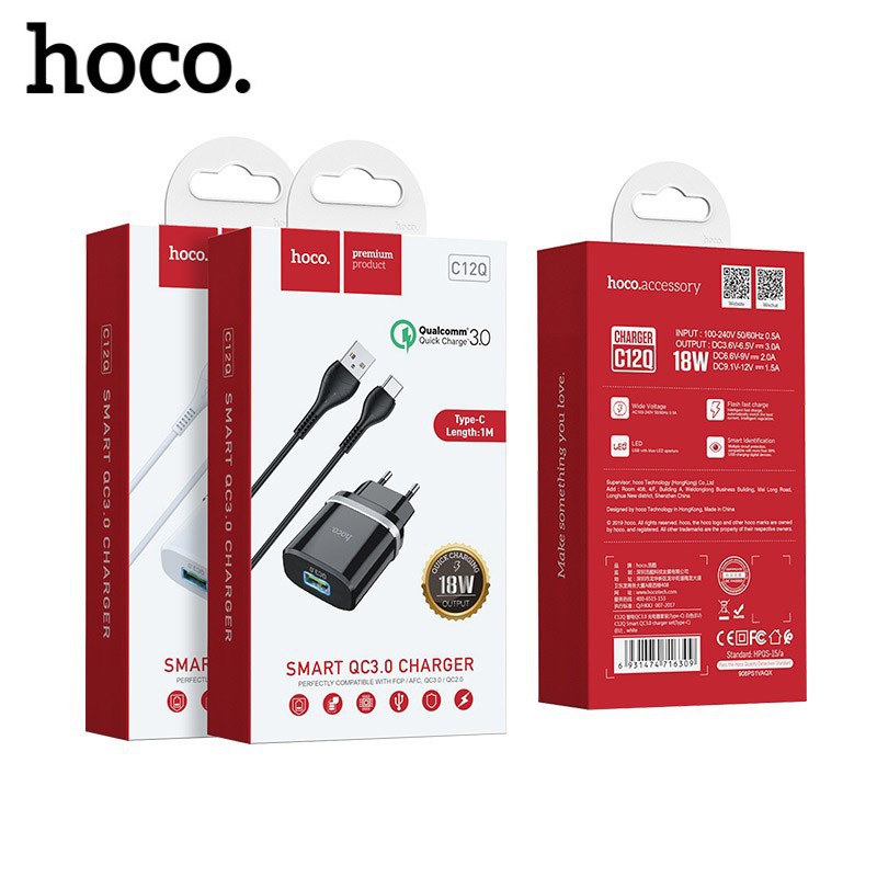 ⚡NowShip⚡ Bộ Cốc Sạc Nhanh 18W 3A HOCO C12Q  Hỗ Trợ QC 2.0 3.0 Dây Dài 1M Cổng Type C Cho Android SamSung Xiaome Huawei