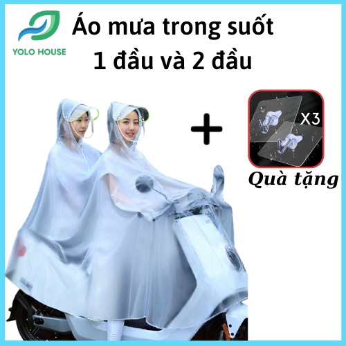 Áo mưa trong suốt có kính che mặt, Áo mưa Hàn Quốc1 đầu và 2 đầu có kèm chụp gương dài rộng, chất liệu dày dặn siêu bền