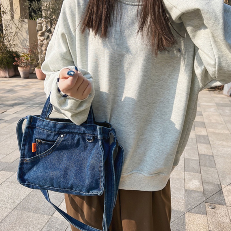 Túi Đeo Chéo Denim Màu Xanh Dương Có Túi Cho Nữ