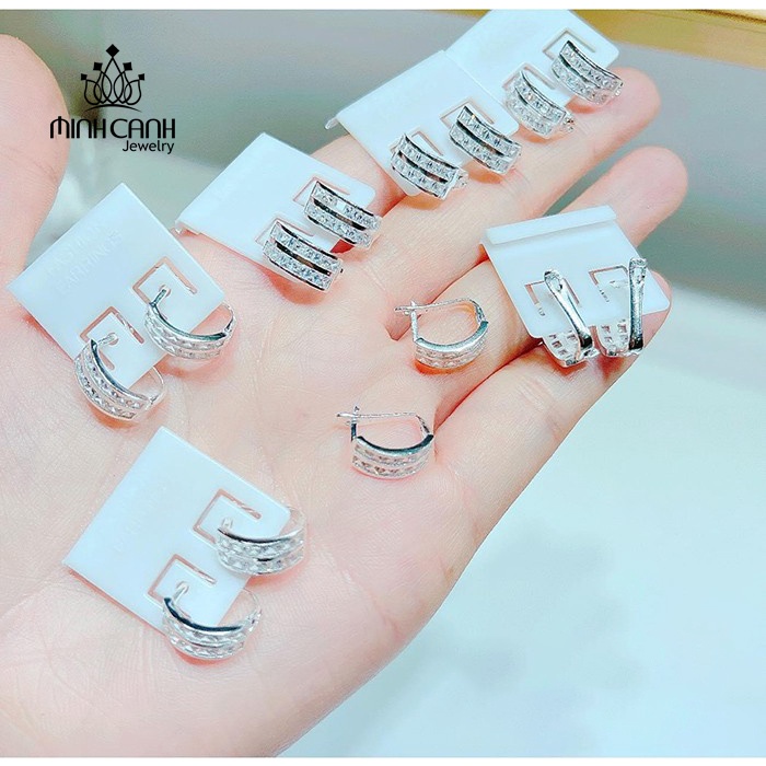 Khuyên Tai Bạc Khóa Bấm 2 Hàng Đá Minh Canh Jewelry