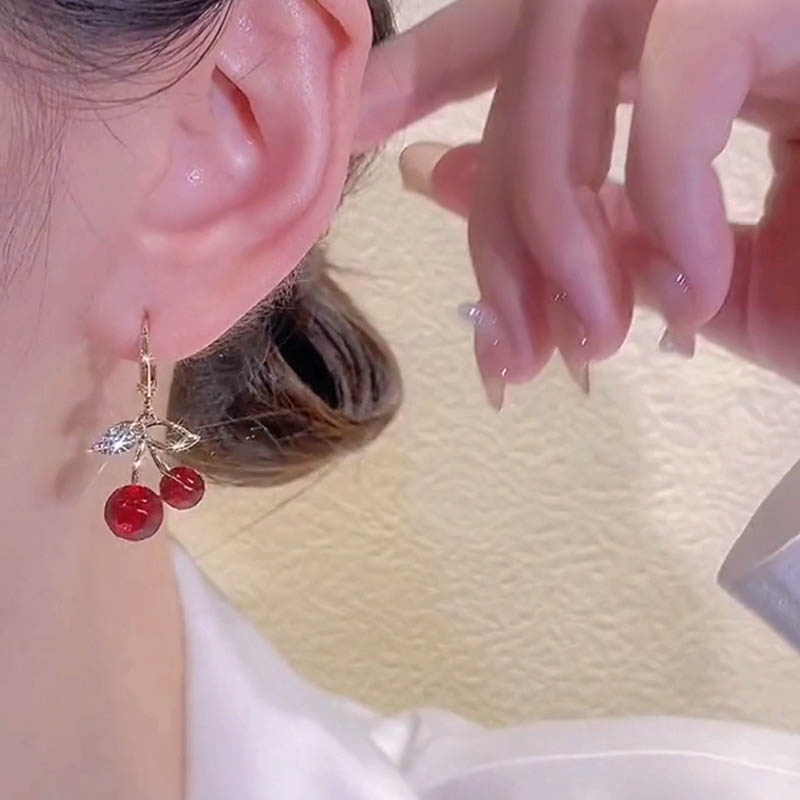 Bông Tai Mạ Bạc 925 Hình Quả Cherry Đỏ Đính Pha Lê Phong Cách Hàn Quốc