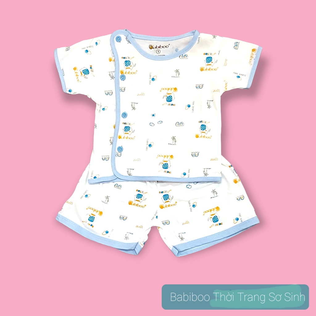 Bộ quần áo sơ sinh Babiboo 100% cotton thiết kế cài lệch họa tiết nhí cho bé