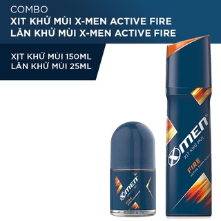 Combo Xịt Khử Mùi X-Men Active Fire - Hương Nam Tính 150Ml + Lăn Khử Mùi 25ml