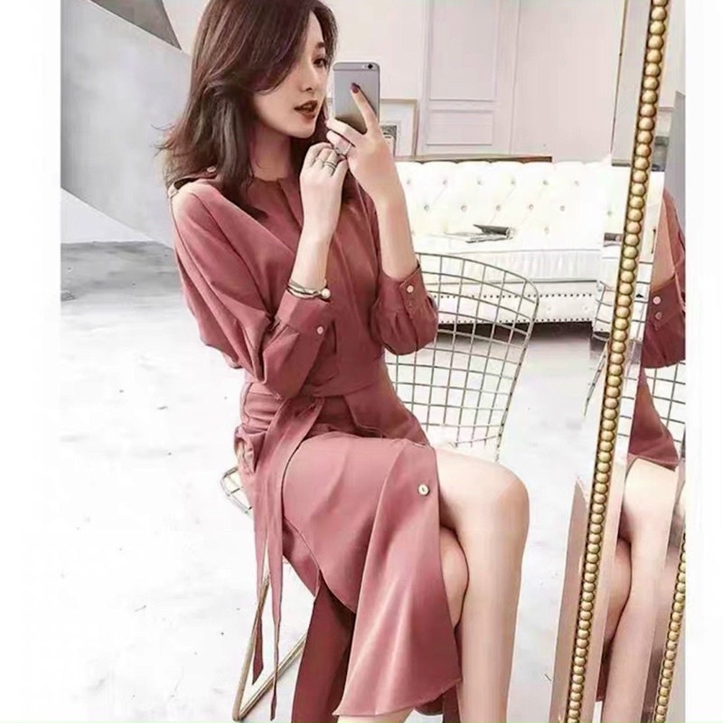 Đầm Midi Sơmi Xẻ Tà Cột Nơ Eo ( Kèm Hình Chụp Thật)