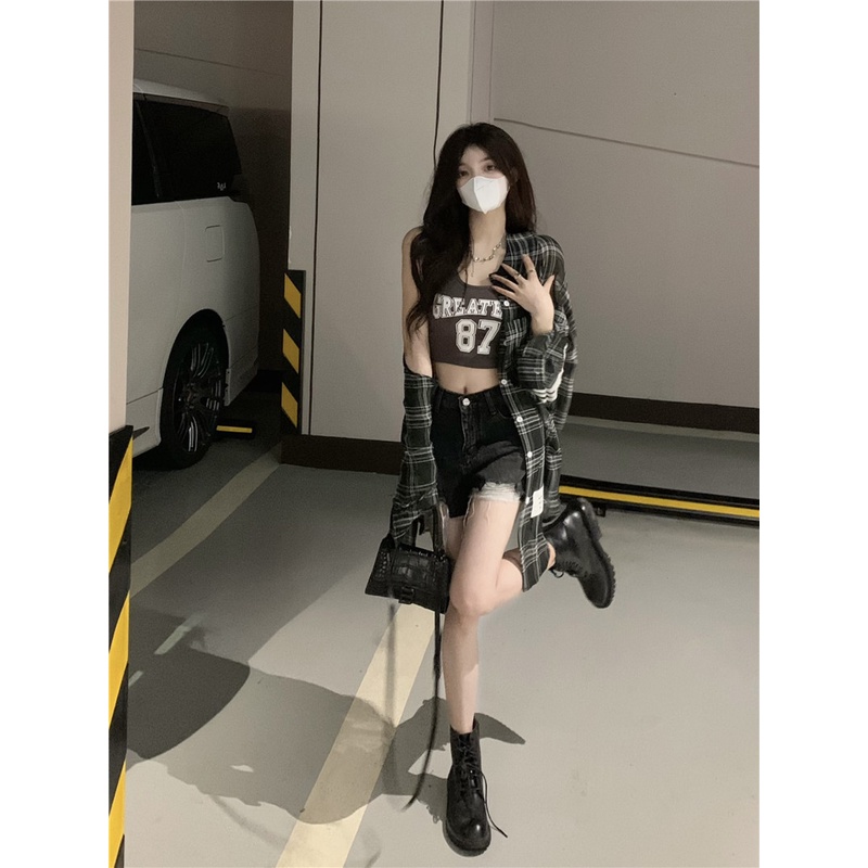 Áo Croptop Hai Dây / Áo Sơ Mi Ca Rô Dài Tay Thời Trang retro Dành Cho Nữ