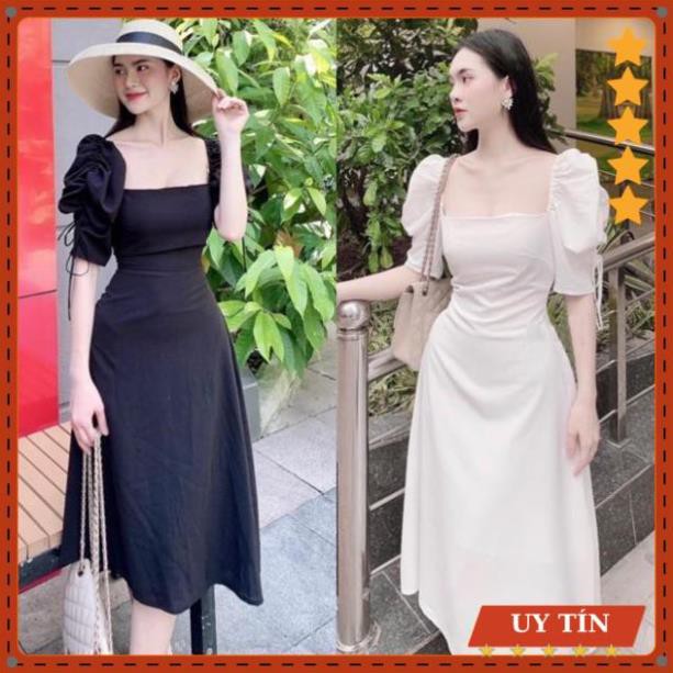Đầm dự tiệc cổ vuông tay bồng rút dây Eva_home_fashion
