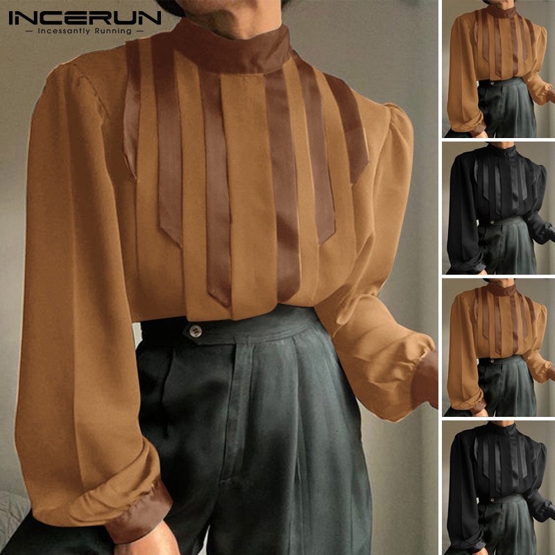 Áo kiểu INCERUN cổ lọ tay dài xếp ly màu trơn phong cách vintage thời trang cho nam