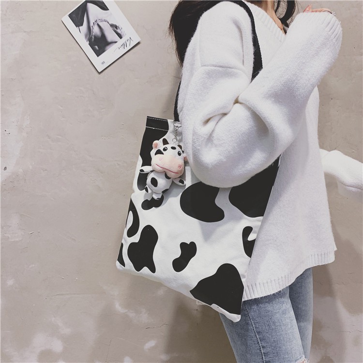 Túi Tote Đeo Vai Vải Canvas Họa Tiết Bò Sữa Dễ Thương Kiểu Nhật Bản