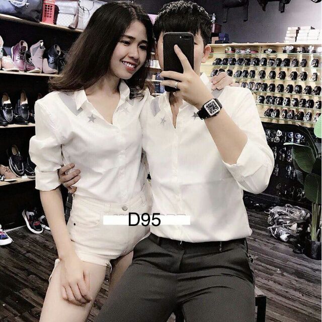 SƠMI NAM NỮ MÀU TRẮNG _IN HÌNH NGÔI SAO VÀ CÓ SỌC TRÊN VAI + HÌNH THẬT MS870