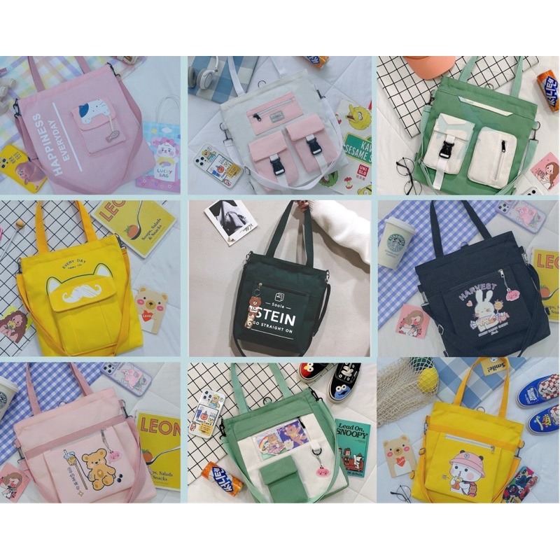 Túi tote túi vải canvas phong cách Hàn quốc, có khóa miệng thời trang ulzzang