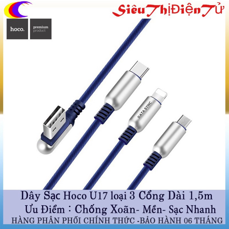 Cáp sạc Hoco U17 loại 3 đầu Lighting Micro Type C dài 1.5m ♥️♥️