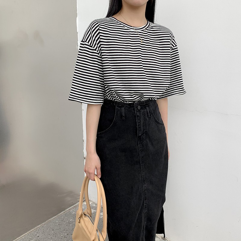 Áo thun nữ Ngắn tay Kẻ sọc ngang Mùa Hè Cổ tròn Cotton Áo phông nữ Tay ngắn Form rộng Sọc ngang Thời trang