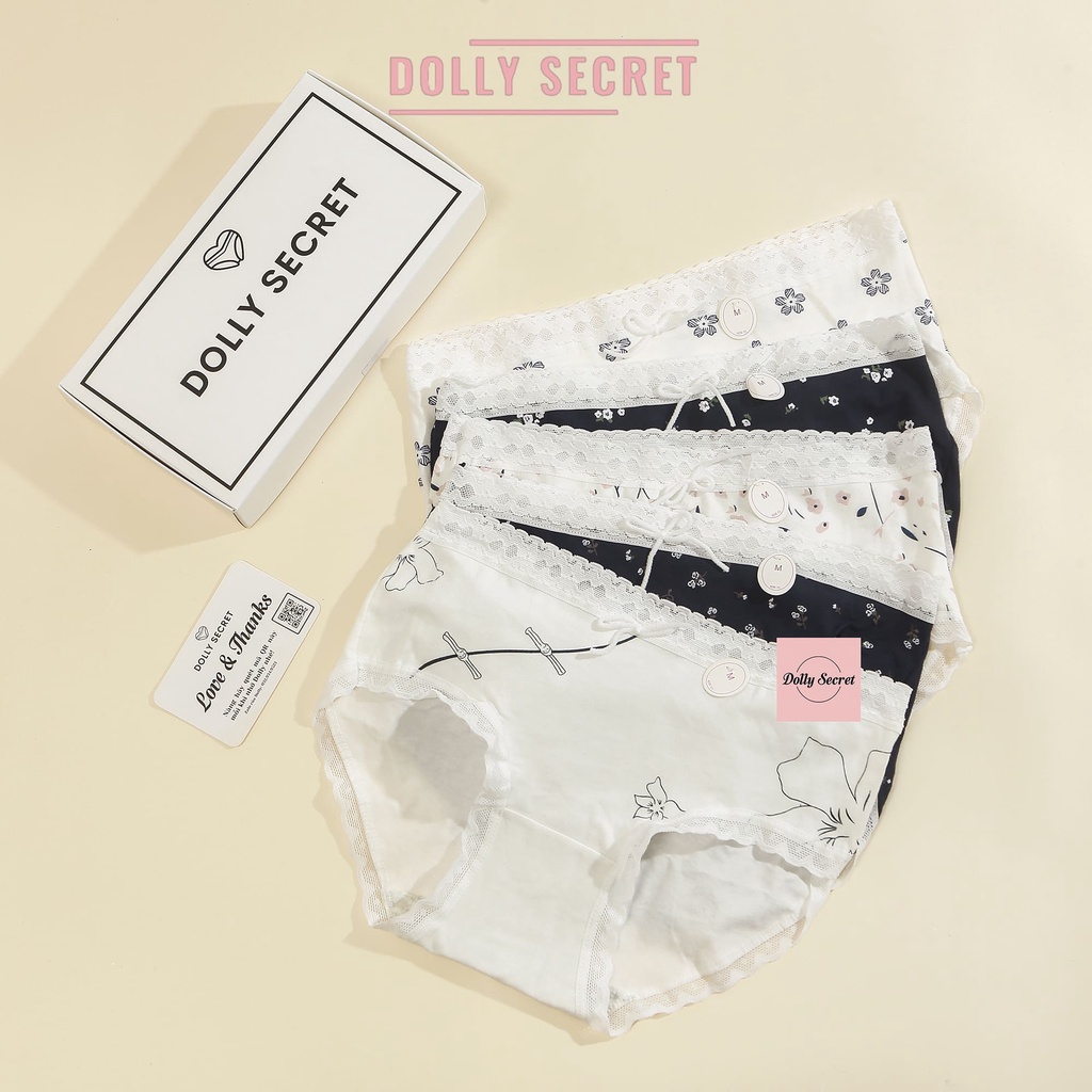 Quần Lót Cotton Nữ DOLLY SECRET Viền Ren Y Tế Học Sinh Cao Cấp Họa Tiết Màu Trắng Vải Kháng Khuẩn Mềm Mại QL050