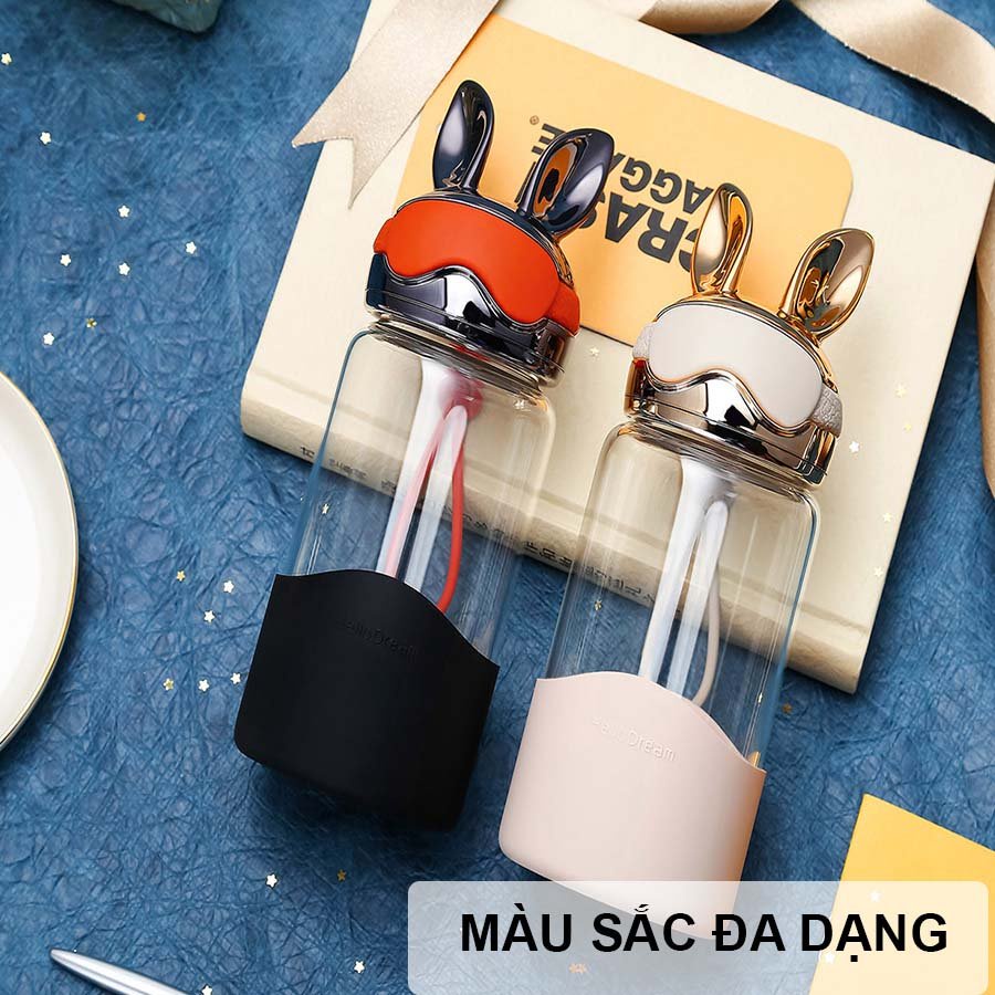 Bình Nước Thủy Tinh Tai Thỏ Dễ Thương 340ML H-6042