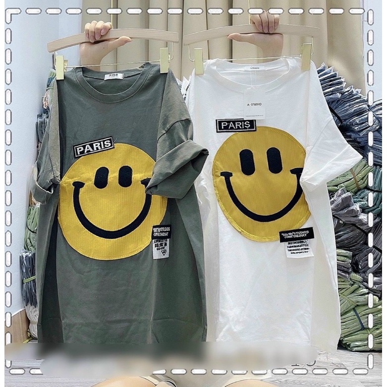 Áo thun tay ngắn đắp mặt cười form siêu rộng nam nữ