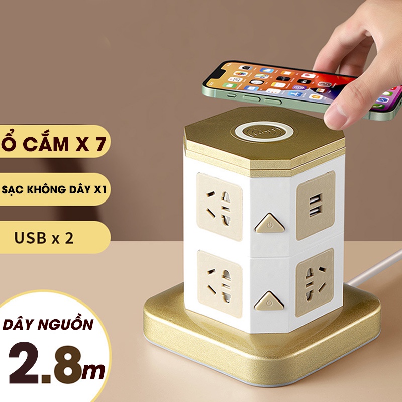 Ổ cắm điện đa năng tích sạc không dây 2 cổng USB 7 lỗ cắm tải 2500W an toàn chống giật chịu nhiệt mã LM2