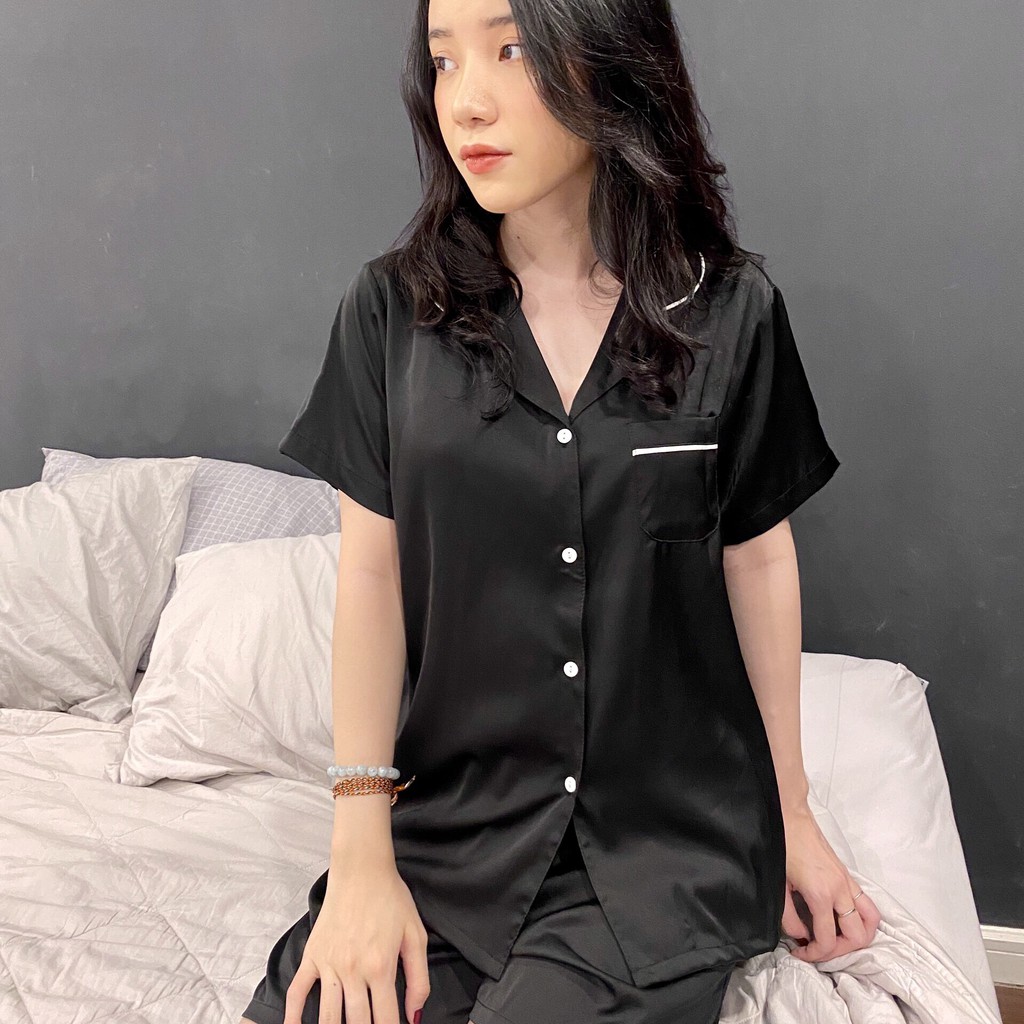Pyjama lụa trơn - Chất Latin trơn màu đen Cao cấp Chất đẹp Đường may chuẩn, Bộ cộc quần ngắn