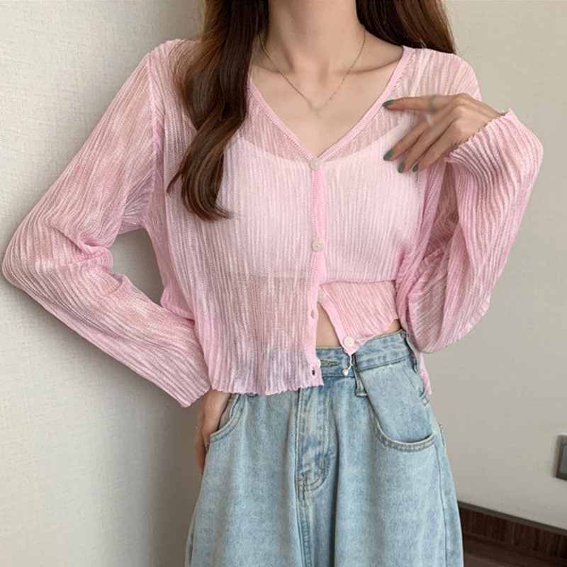 Áo dệt kim tay dài cổ chữ v thời trang mùa hè thích hợp cho nữ