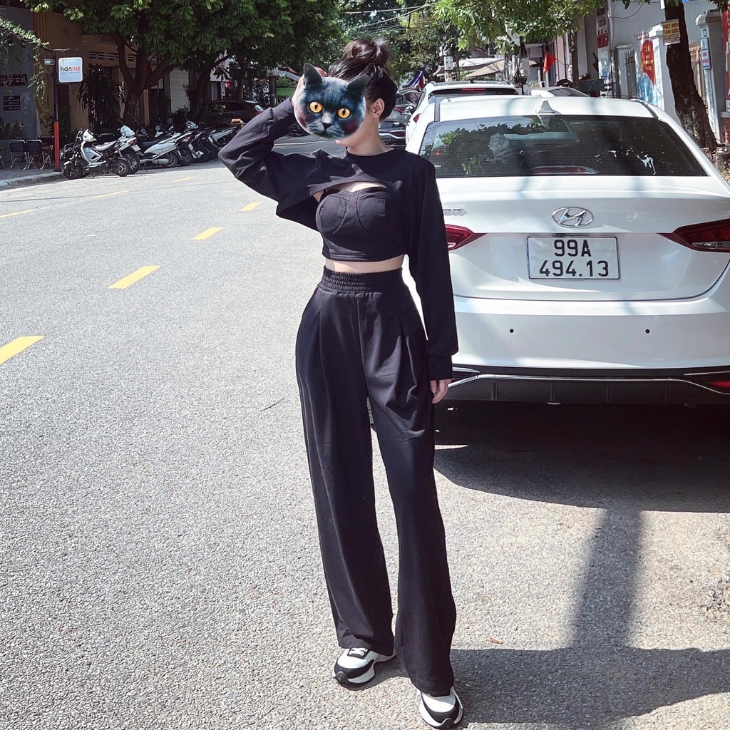 Set 3 món len croptop quần ống rộng áo khoét ngực kèm bra 2 dây DN250