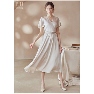 Đầm trắng phi lụa xòe cổ tim đấp chéo