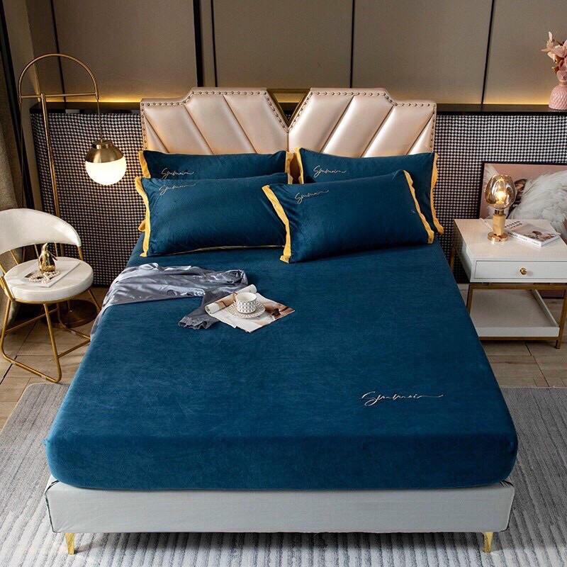 NỈ NHUNG MỊN THÊU THƯƠNG HIỆU SUMOI ĐỦ SIZE( tặng kèm hai vỏ gối)